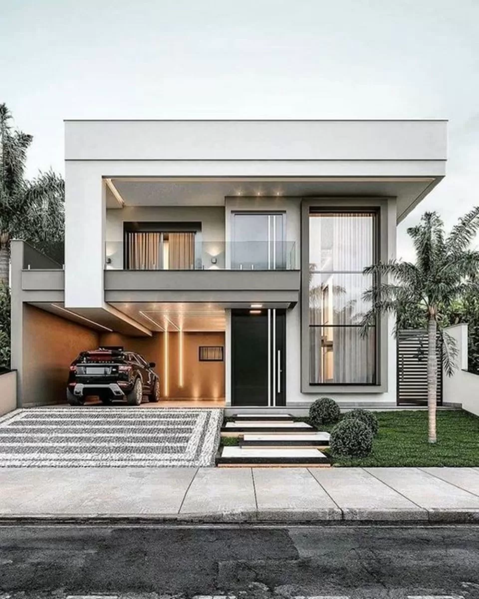 Mẫu nhà 2 tầng mái bằng hiện đại bao gồm 3 phòng ngủ, 1 phòng khách