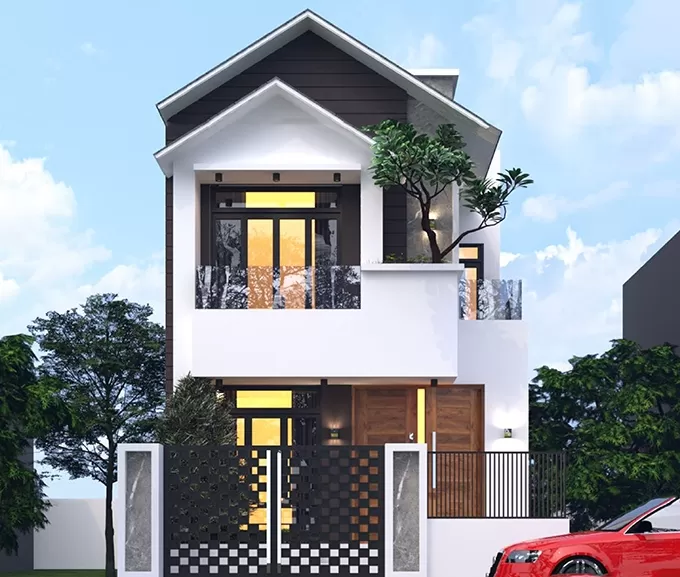 Nhà ống mái thái 2.5 tầng sử dụng chất liệu kính và cổng ô vuông độc lạ