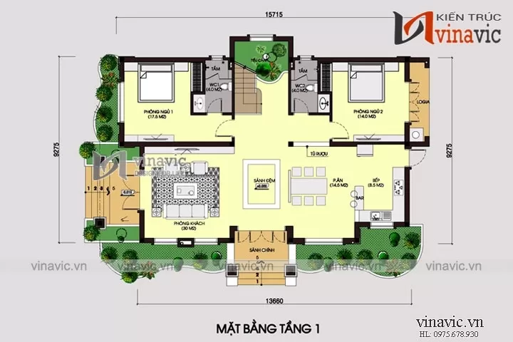 Mặt bằng công năng tầng 1 nhà biệt thự mái thái 2 tầng ở nông thôn