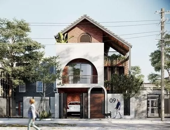Nhà mái thái gạch mộc diện tích 5x20m có tầng tum làm vườn treo
