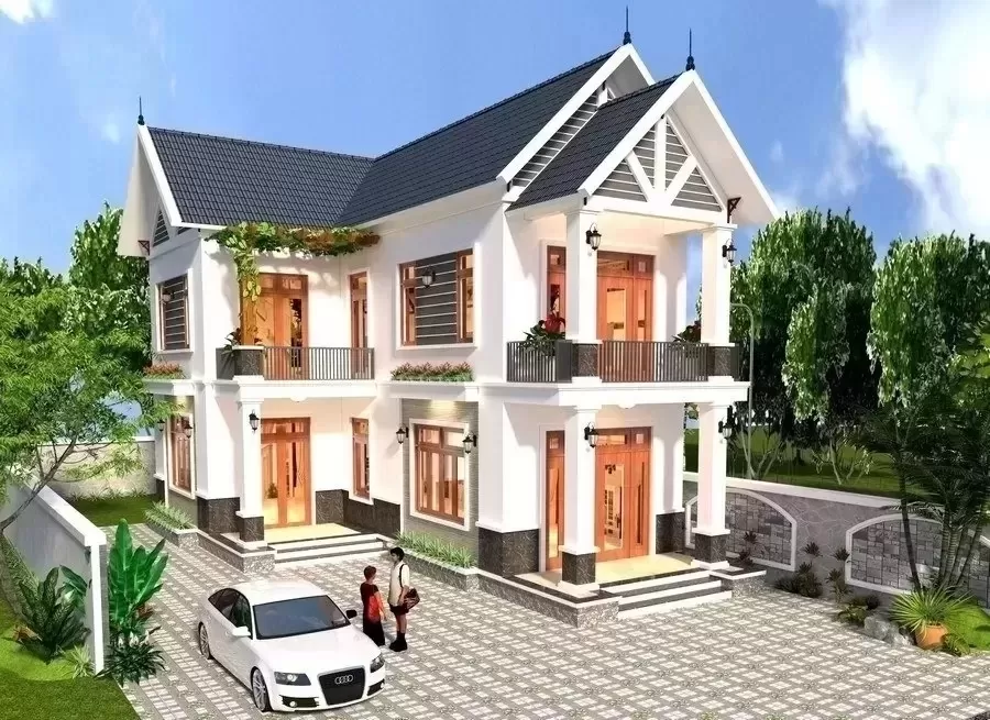 Phối cảnh nhà chữ L 2 tầng 4 phòng ngủ có thêm 1 tầng tum
