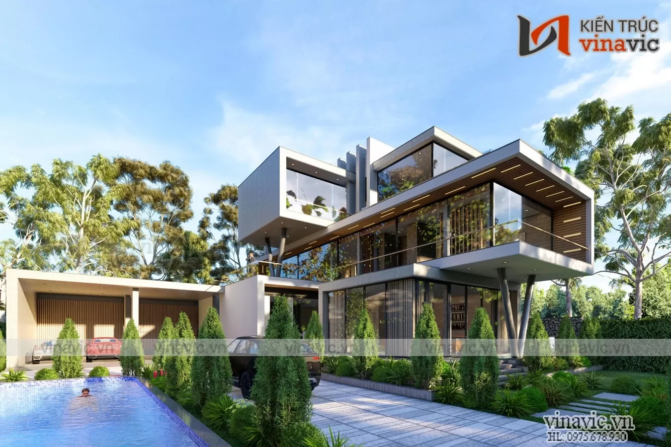 Biệt thự kiểu villa có hồ bơi thiết kế nội thất phòng khách theo lối kiến trúc Singapore