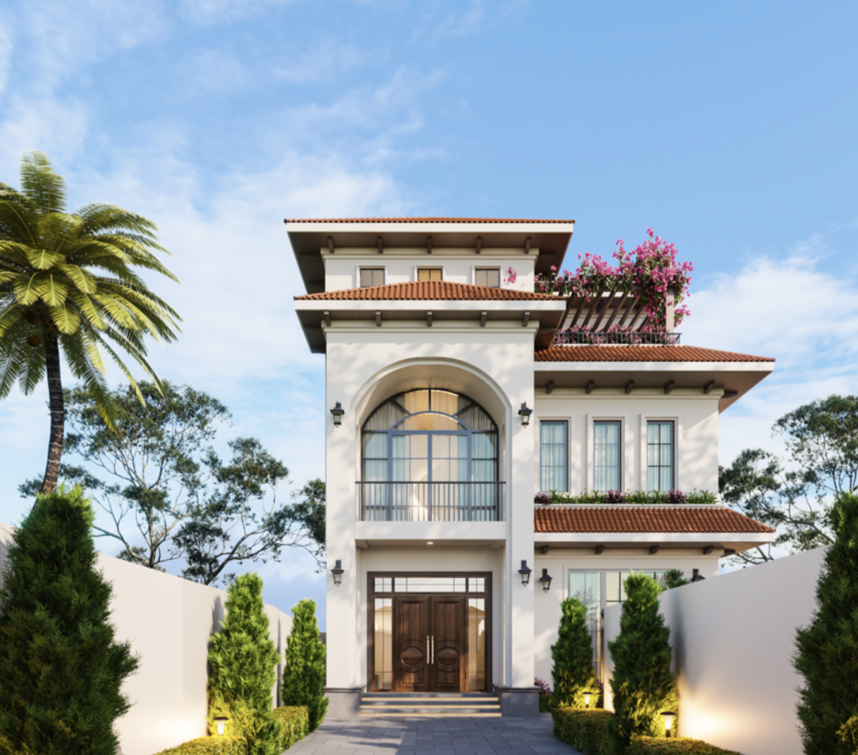 Nhà 2 tầng 1 tum mái nhật đỏ cam gây ấn tượng với những ô cửa hình vòm và hình chữ nhật đan xen