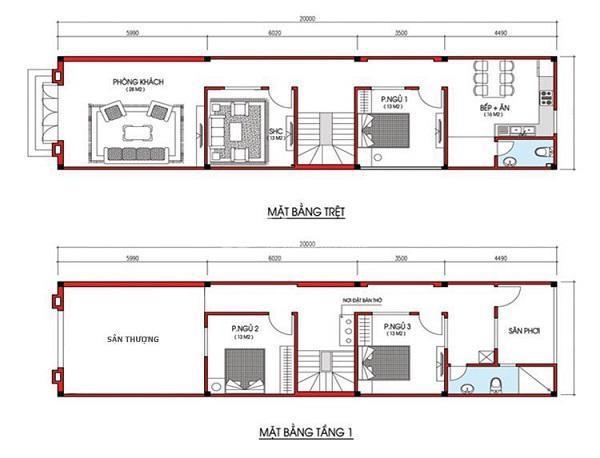 Bản vẽ thiết kế nhà 2 tầng 5x20m đơn giản mà đẹp
