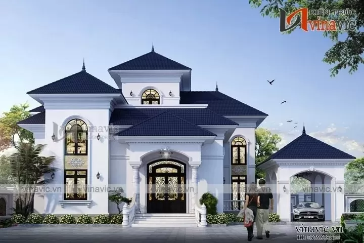 Biệt thự cao cấp 2 tầng hình chữ L mái thái thiết kế kiểu tân cổ điển