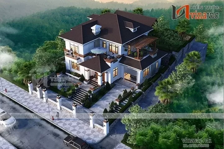 Phối cảnh tổng thể mẫu biệt thự có hầm để xe sát bên khối nhà chính ngay tại mặt bằng tầng 1