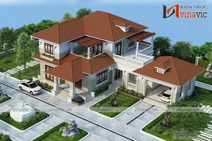 Biệt thự nổi bật với sự kết hợp hoàn hảo giữa không gian sân vườn và khối kiến trúc nhà ở cùng khu vực gara đẳng cấp