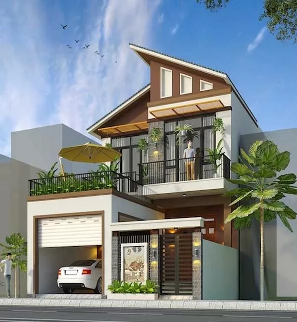 Mẫu nhà 2 tầng có hầm để xe trên đây được thiết kế theo phong cách nhà mái chéo có khu vực tầng hầm để xe tô tô.