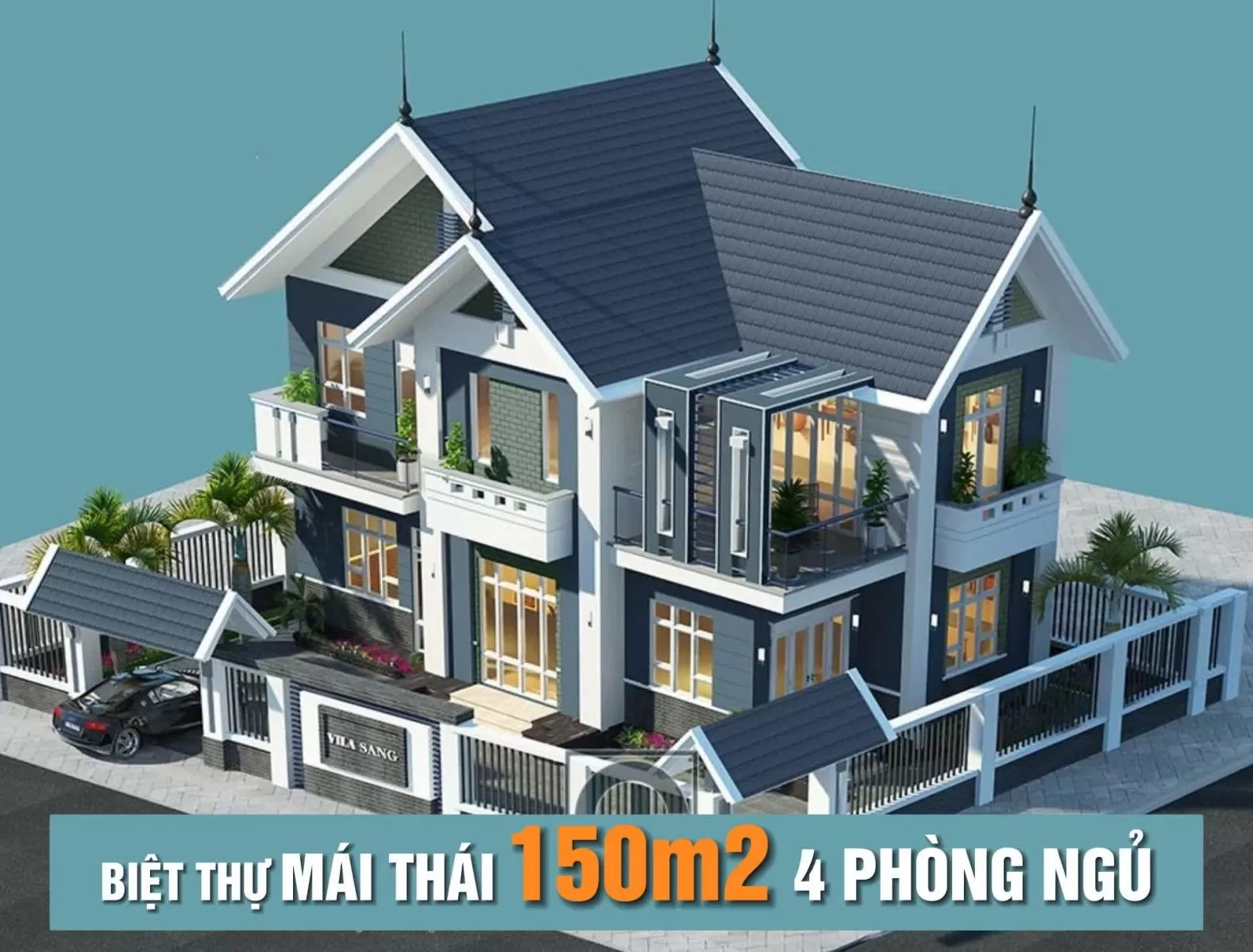 Mẫu nhà 1.5 tầng mái Thái đẹp với 4 phòng ngủ - MS 13150
