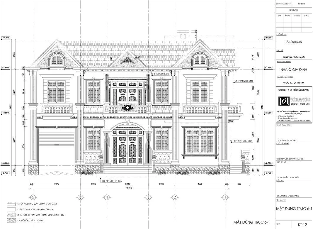Mặt đứng trục 6 - 1 trong bản vẽ thể hiện kiến trúc nhà 2 tầng