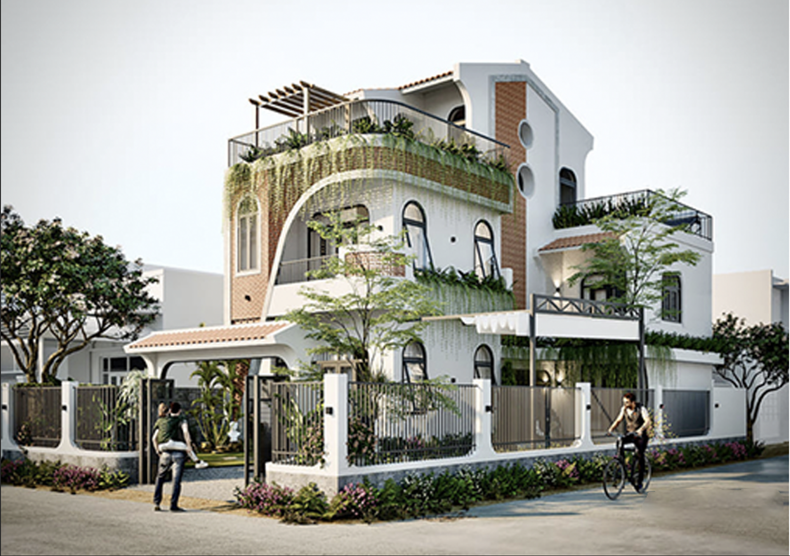 Kiểu nhà 2 tầng 1 tum ngang 7.5m đổ mái bằng