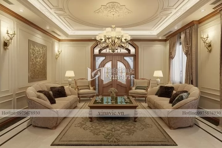 Thiết kế nội thất phòng khách tân cổ điển gỗ tự nhiên