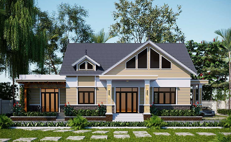 Mặt tiền bố trí nhiều cửa kính để tăng diện tích nhà tiếp xúc với ánh sáng tự nhiên