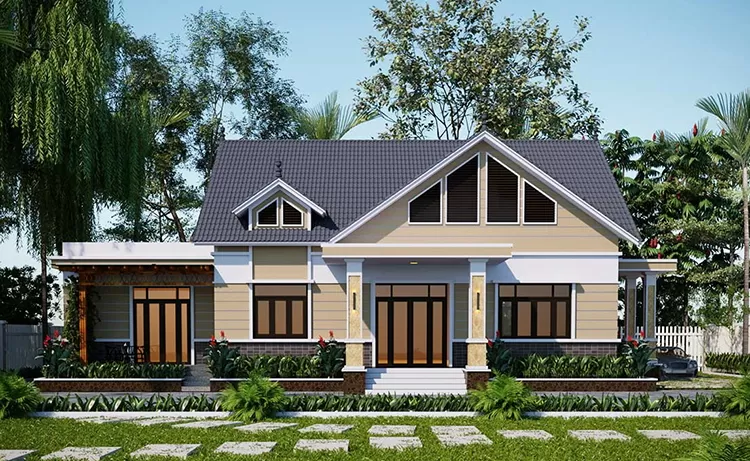 Mặt tiền bố trí nhiều cửa kính để tăng diện tích nhà tiếp xúc với ánh sáng tự nhiên