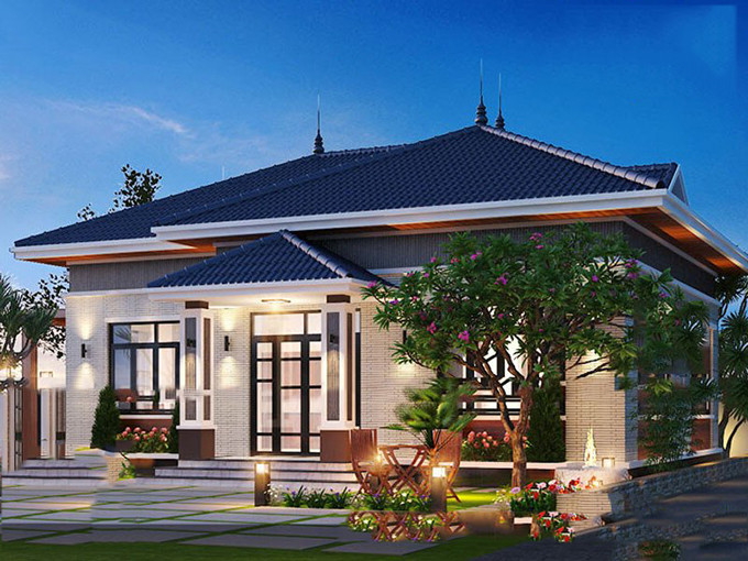 Đây là một mẫu nhà mái nhật 1 tầng 7x15 có độ dốc phần mái vừa phải, kiểu dáng thanh thoát