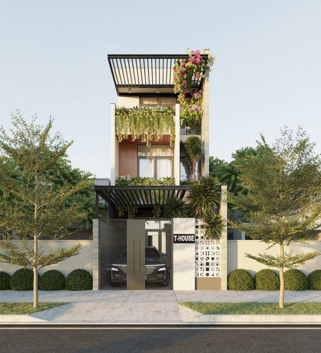 Thiết kế phòng chức năng lùi sâu vào trong vẫn đảm bảo đủ không gian sinh hoạt thoải mái với chiều sâu 15m, đồng thời chừa thêm được khoảng sân trước để xe