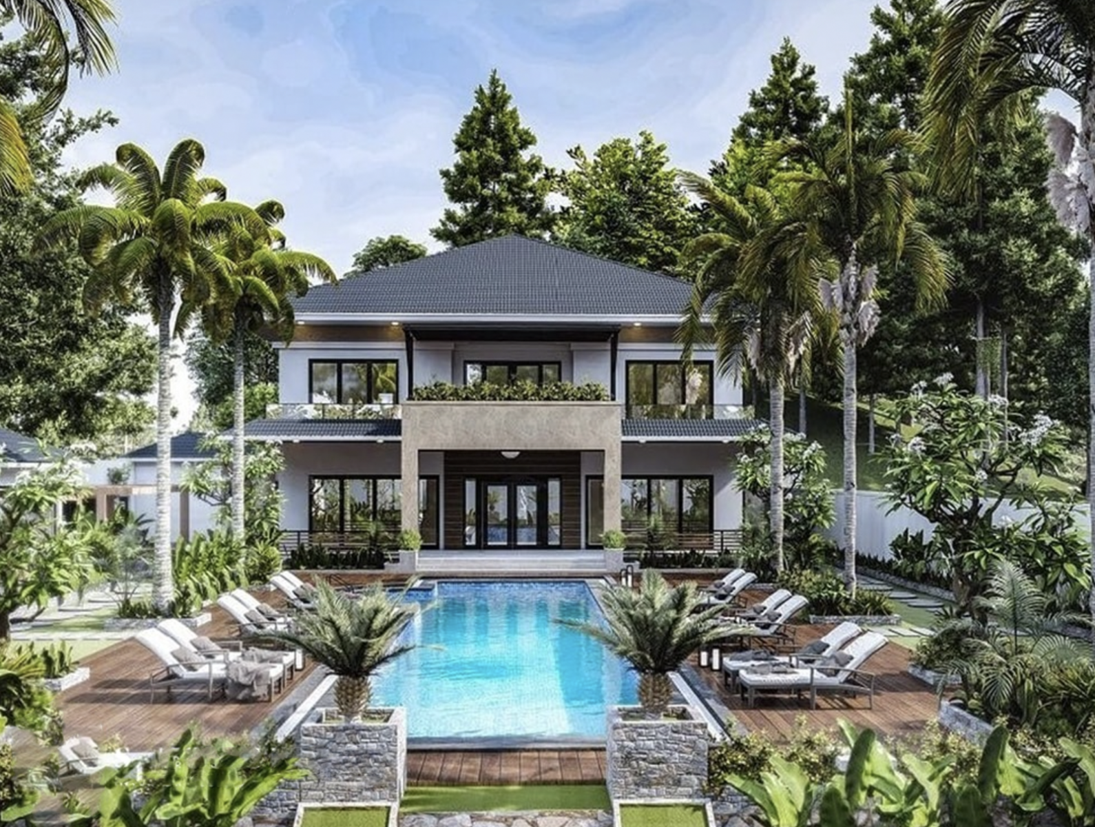 Thành bể bơi ốp gạch giả gỗ cao cấp, thống nhất chủ đề hướng về đất mẹ với dàn thực vật bao quanh