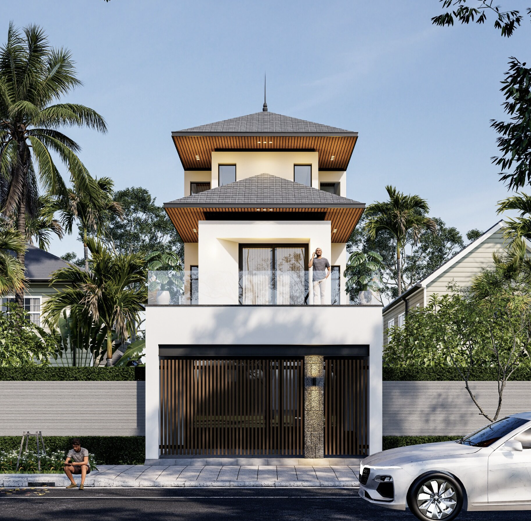 Lối thiết kế ngoại thất tối giản đóng vai trò làm nền tôn lên bố cục các tầng phi đối xứng