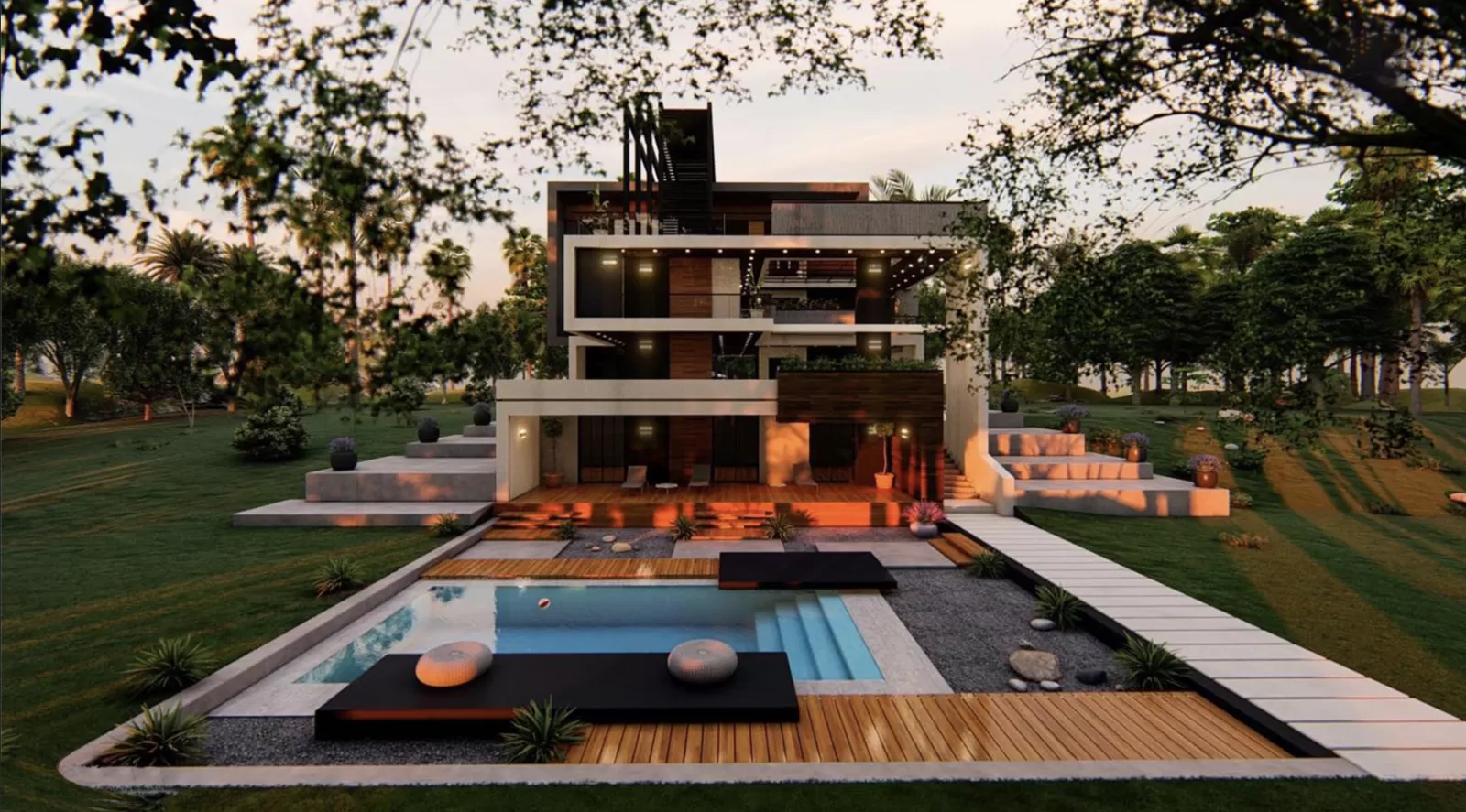 Bể bơi được thiết kế chuyên nghiệp với hệ bậc thang đẹp đẳng cấp nâng tầm giá trị căn nhà