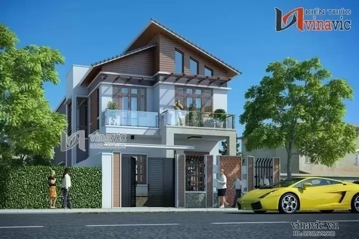 Thiết kế nhà 2 tầng 10x12m mái lệch