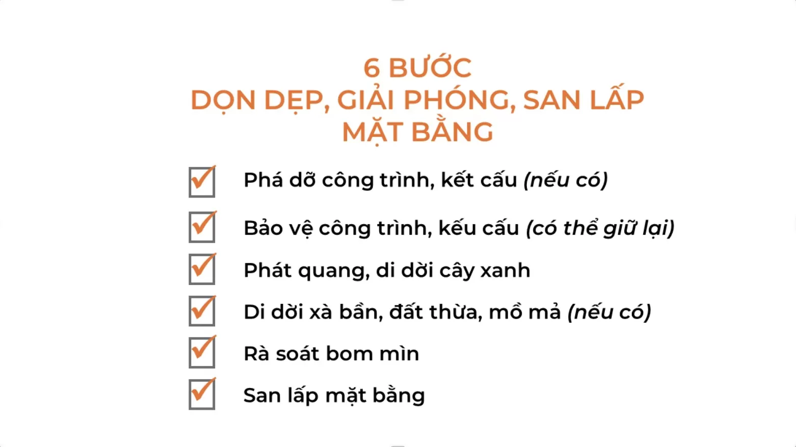 Các đầu việc cần tính chi phí khi thực hiện dọn dẹp và giải phóng mặt bằng