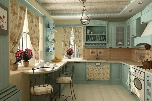 Mẫu thiết kế phòng bếp màu xanh dương xỉ rèm hoa đẹp phong cách vintage