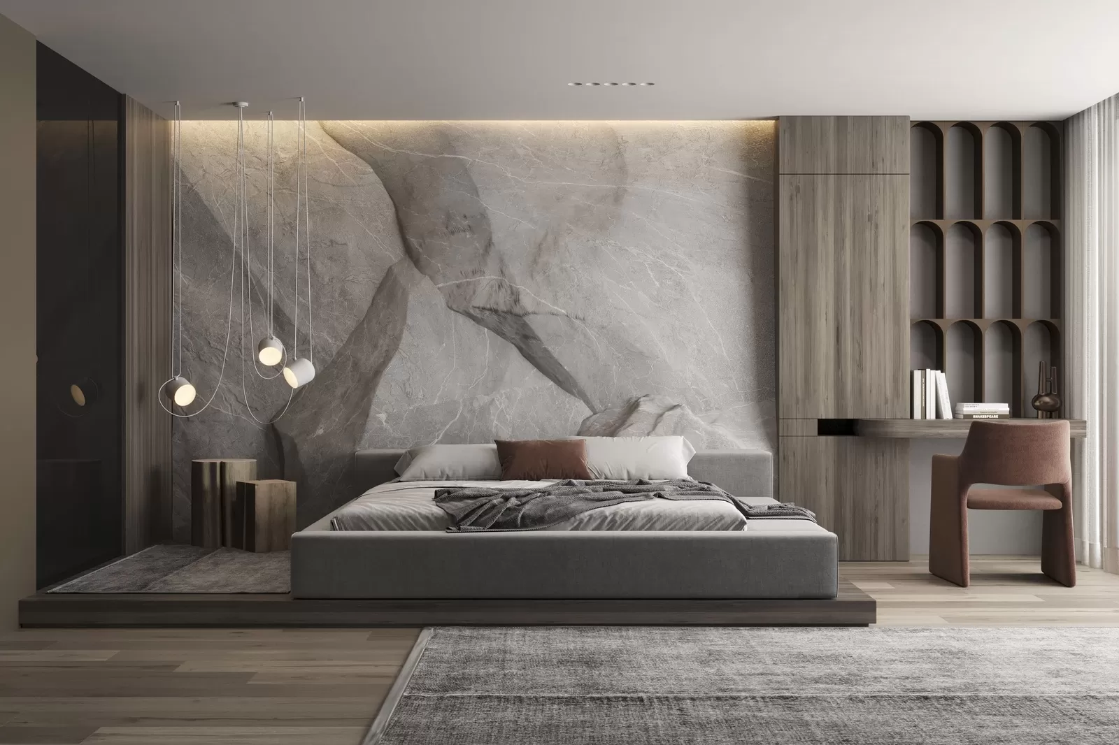 Thiết kế phòng ngủ phong cách Wabi sabi với điểm nhấn từ mảng tường đá gồ ghề cực ấn tượng