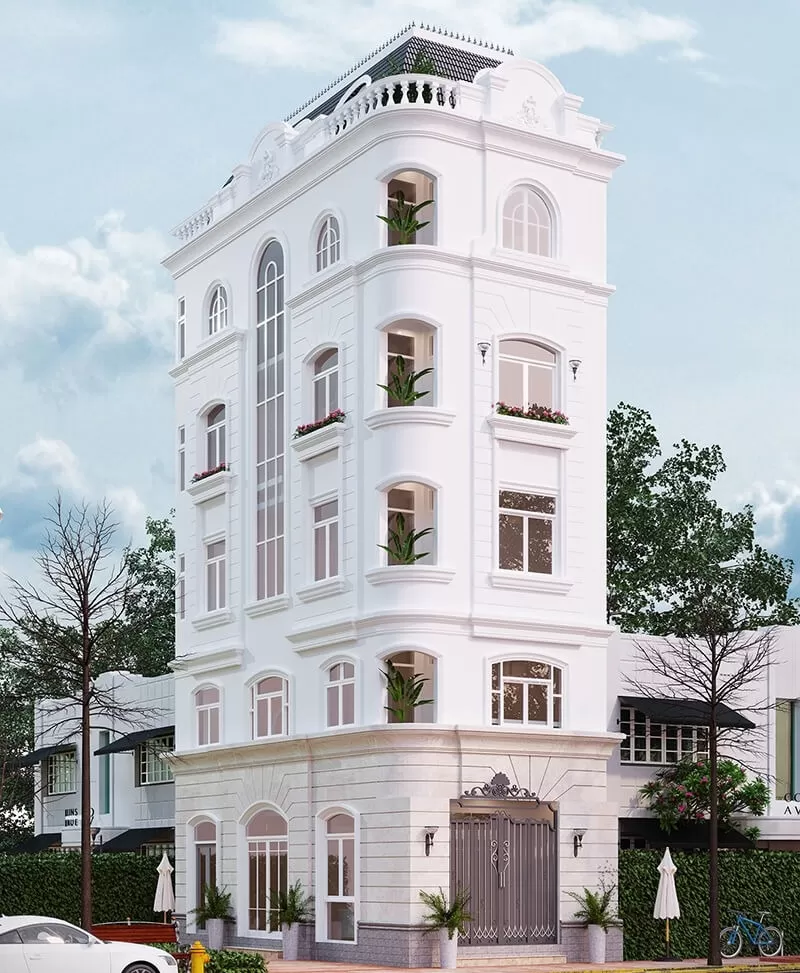 Nhà ở cho thuê khách sạn 5 tầng tân cổ điển tường thạch cao trắng và mái Mansard xanh