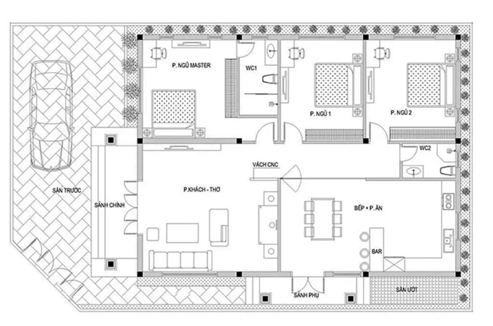 Mặt bằng công năng nhà vườn 3 phòng ngủ