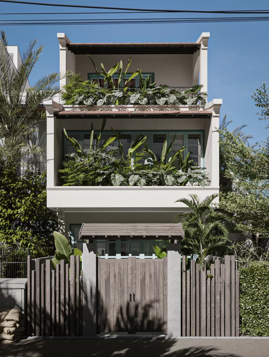 Các tán cây phong thuỷ nhô lên tạo thành hàng rào thực vật thanh lọc không khí cho căn nhà