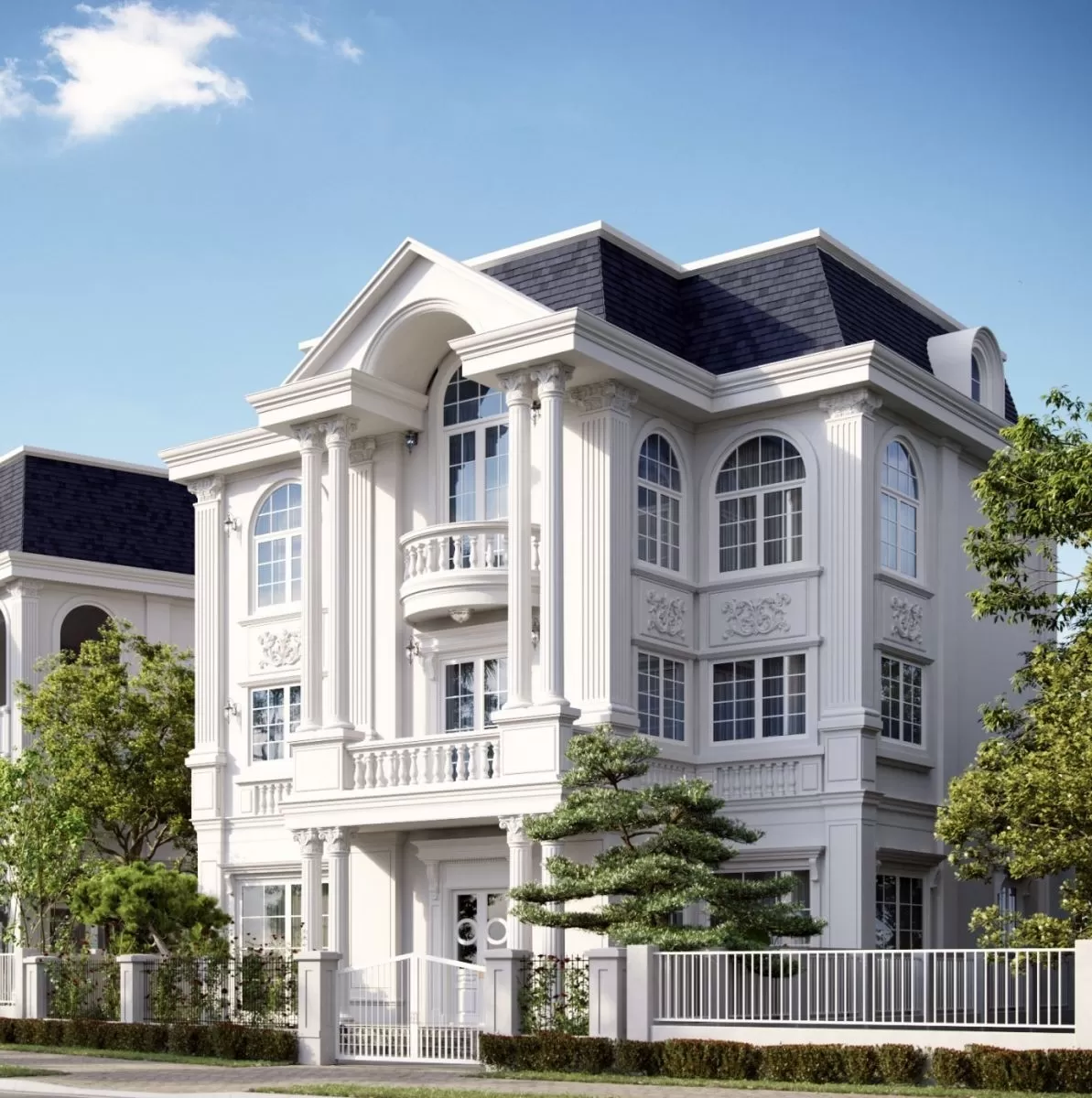 Dáng mái hình thang úp ngược mang đến vẻ đẹp độc đáo và cân đối hài hoà về tỷ lệ hình khối cho căn nhà
