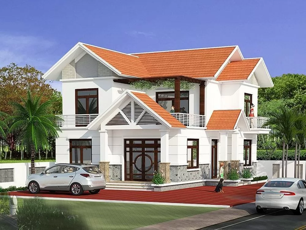 Thiết kế vuông vức và mái Thái đỏ tạo ra một nét độc đáo và thu hút cho ngôi nhà.