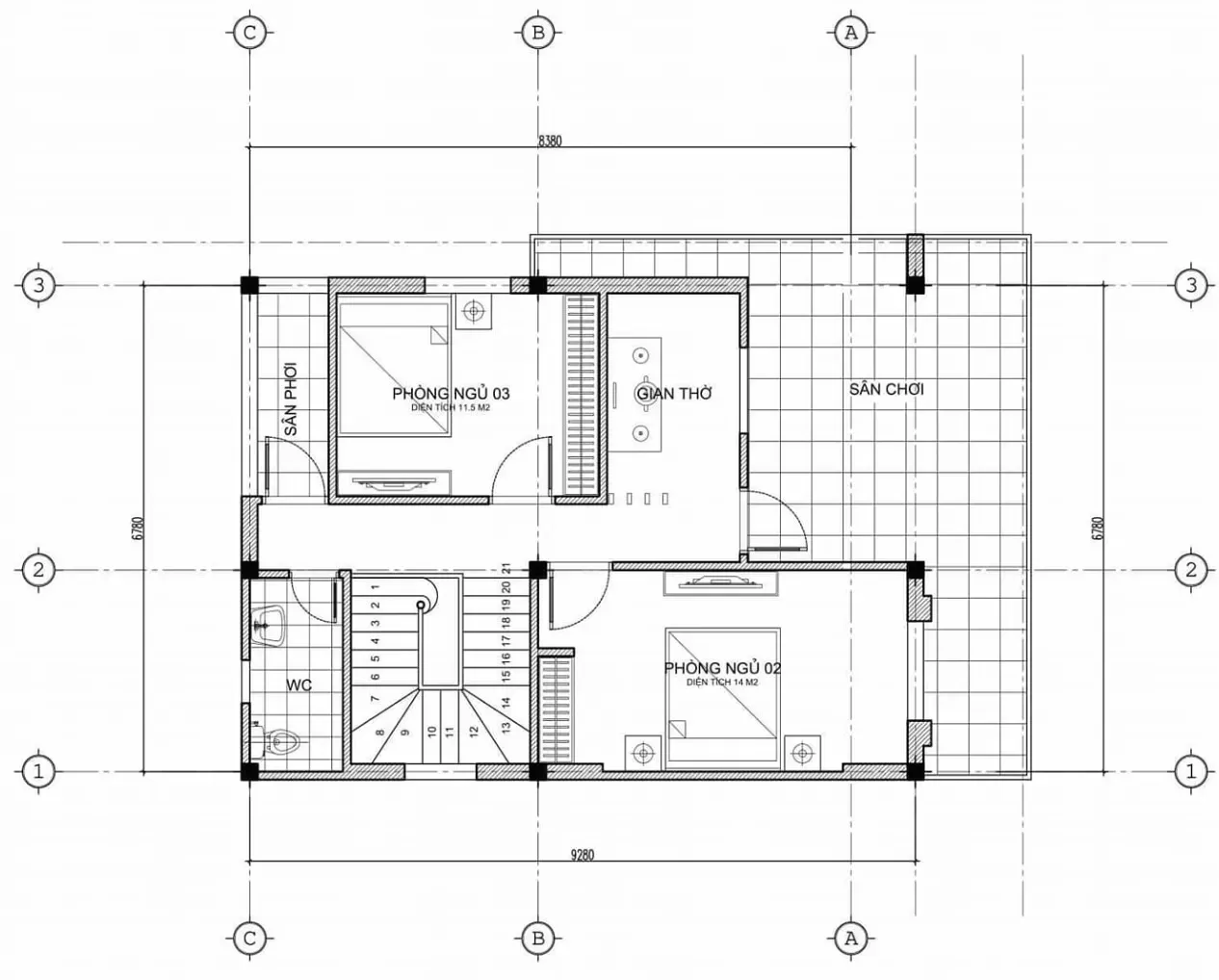 Bản vẽ tầng 2 mẫu nhà 2 tầng 4 phòng ngủ 150m2