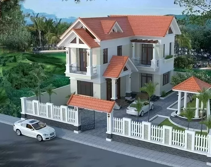 Thiết kế nhà 2 tầng mái đỏ truyền thống