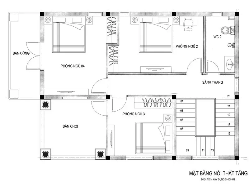 Mặt bằng tầng 2 nhà đẹp đơn giản ở nông thôn