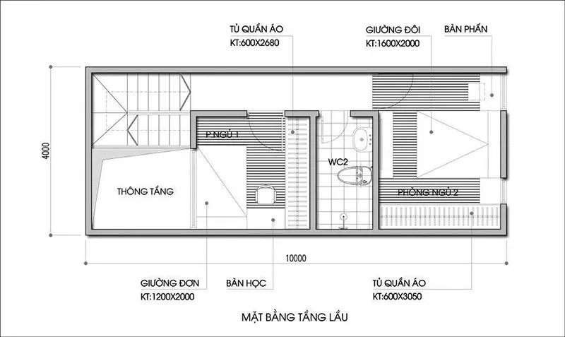 Mặt bằng tầng 2 nhà mái thái ở nông thôn