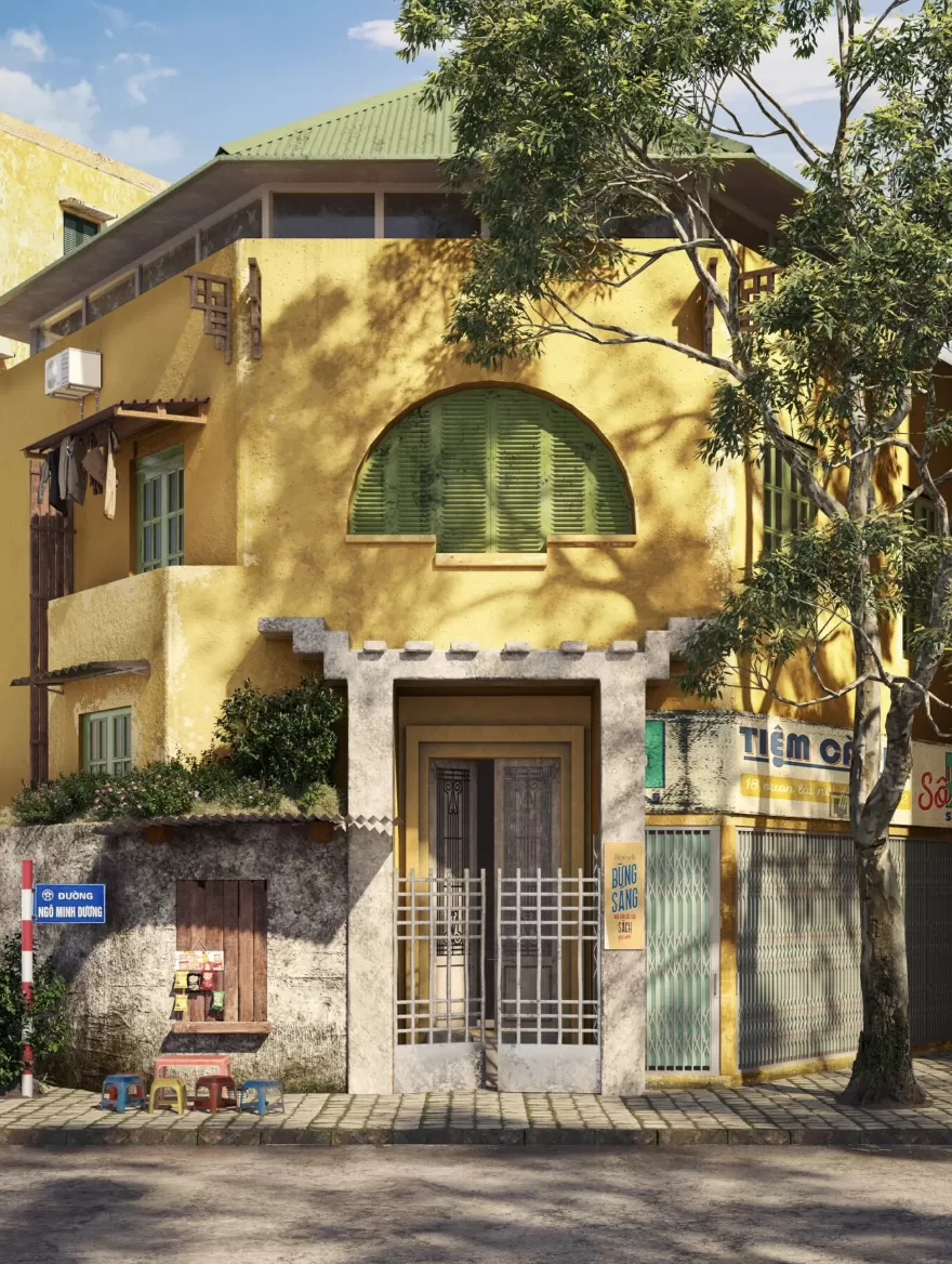 Nhà 2 tầng mái nhật xanh nõn chuối tường vàng phong cách vintage kiểu Pháp