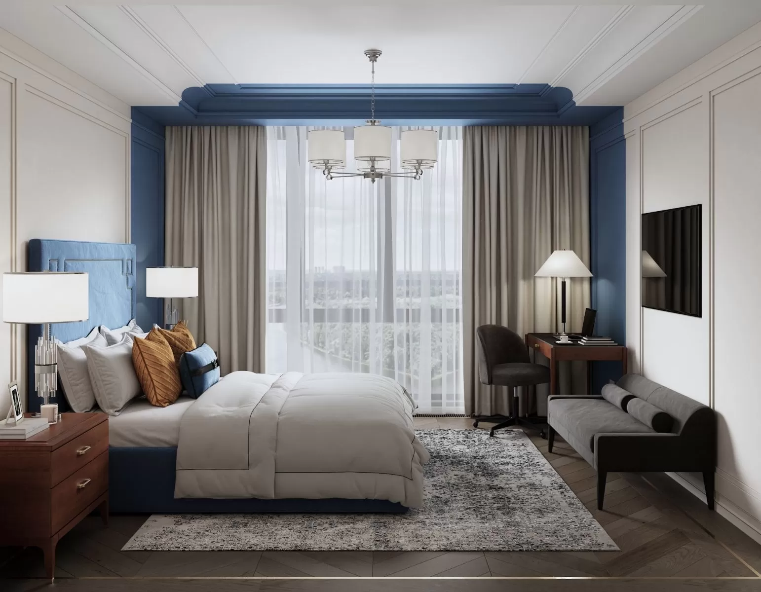 Phòng ngủ sử dụng tone màu chủ đạo là xanh dương tạo nét đẹp điềm tĩnh, thư thái 