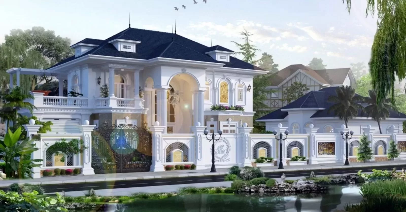 Hệ thức cột và vòm bán nguyệt trong mẫu nhà tân cổ Pháp mái thái 2 tầng 5 phòng ngủ