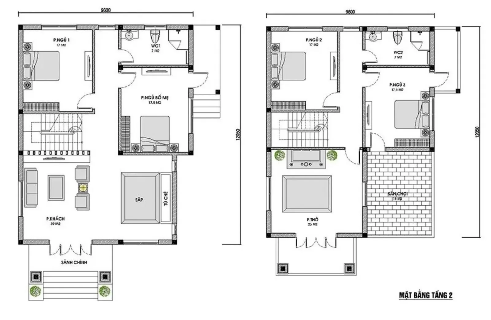Bản thiết kế nội thất tầng 1 và tầng 2 nhà 2 tầng 9x11 mái nhật