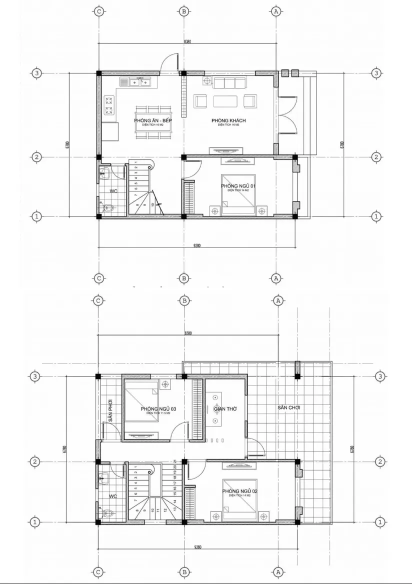 Bản vẽ phối cảnh nội thất tầng 1 và 2 nhà mái nhật 2 tầng 3 phòng ngủ