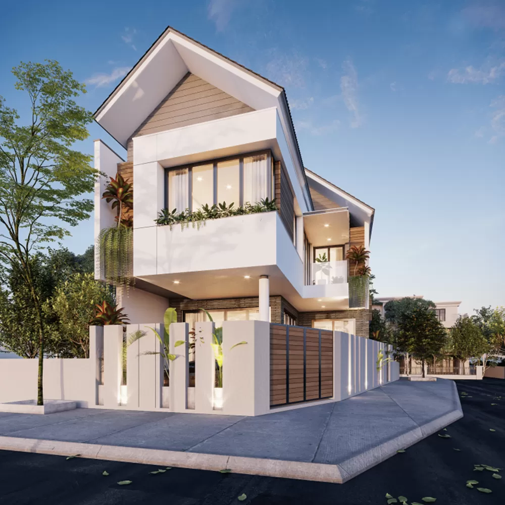 Mẫu nhà 3 tầng hiện đại mái thái trắng pha nâu gỗ sẽ mang đến một không gian sống đẹp mắt và độc đáo, tạo cảm giác ấm áp và ấn tượng cho gia đình.