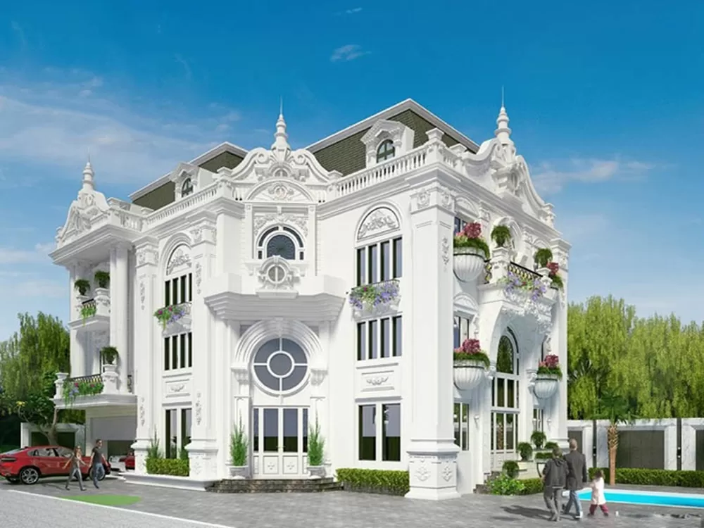 Thiết kế biệt thự kiểu Pháp nhẹ nhàng với tông màu sơn trắng chủ đạo
