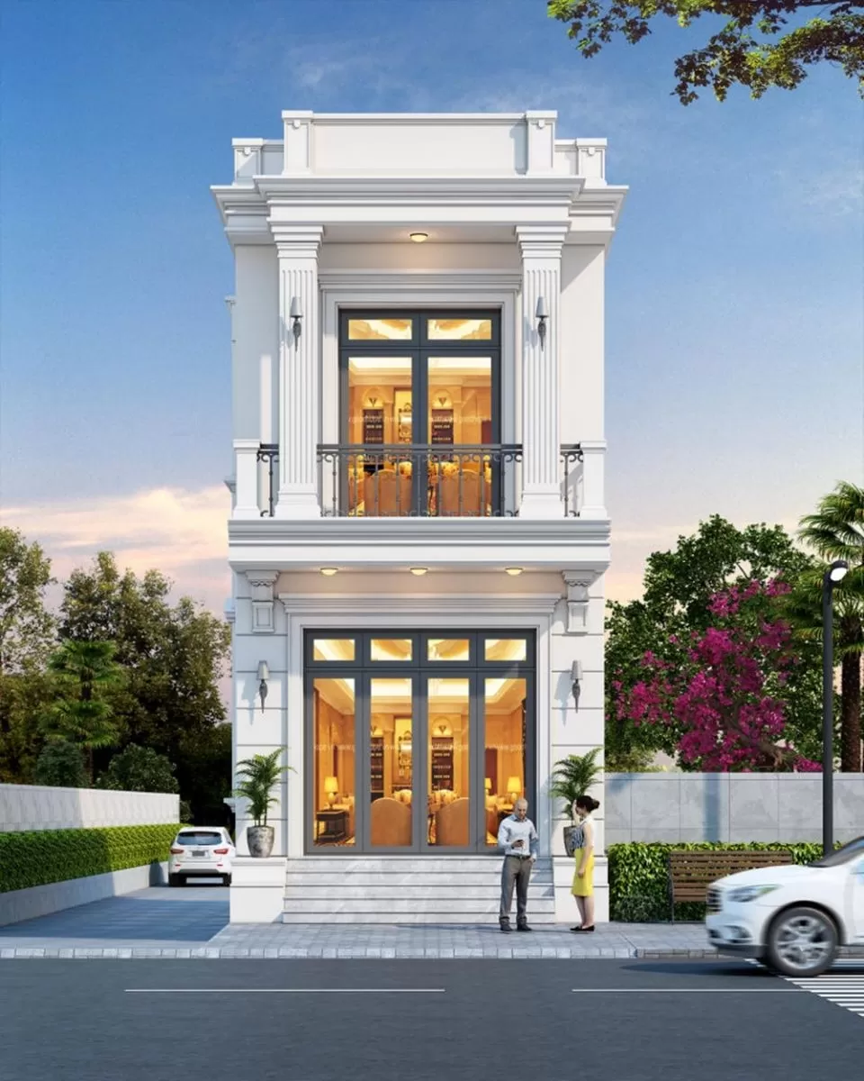 nhà phố tân cổ điển 2 tầng mang vẻ đẹp nhẹ nhàng với gam màu trắng xuyên suốt toàn bộ công trình.