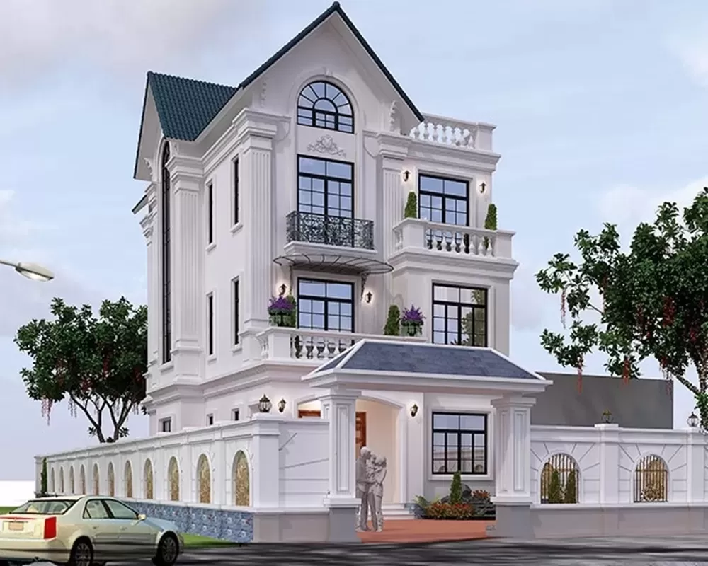 Điểm nhấn của công trình nhà mái thái tân cổ nằm ở sự đối xứng trong cách sắp xếp các chi tiết, đường nét