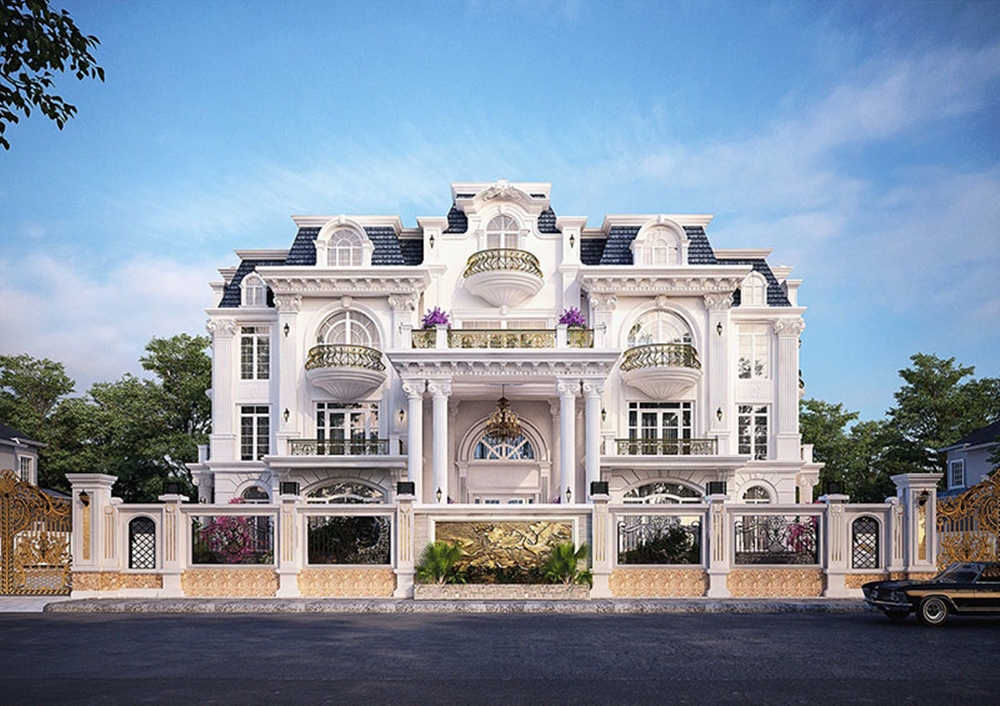kiến trúc cổ điển Pháp, với những đường nét mềm mại, cột trụ cao và cửa sổ lớn, tạo nên một diện mạo lộng lẫy và tráng lệ.