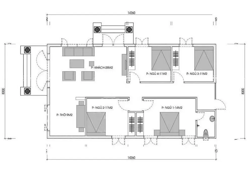 Bản vẽ mặt bằng nhà vườn mái nhật 1 tầng 4 phòng ngủ