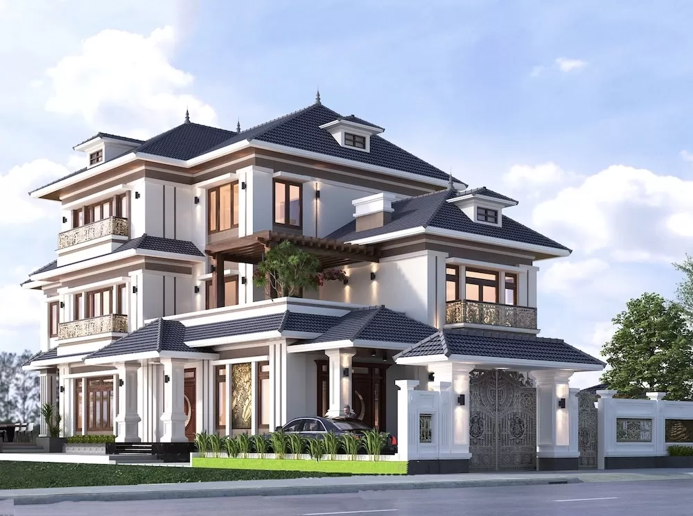 Thiết kế nhà mái nhật 3 tầng 4 phòng ngủ tân cổ điển