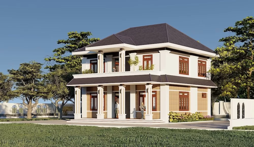 Nhà biệt thự vuông mái thái được xây dựng với sân vườn rộng rãi