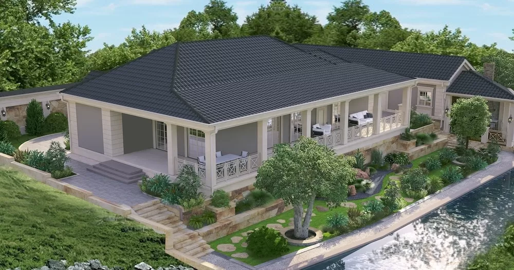 Nhà vườn có ao cá mái thái 1 tầng hình vuông